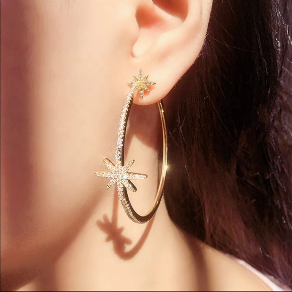 New Women’s Yellow Gold Star Diamond Hoop Earrings - Picture 2 of 3